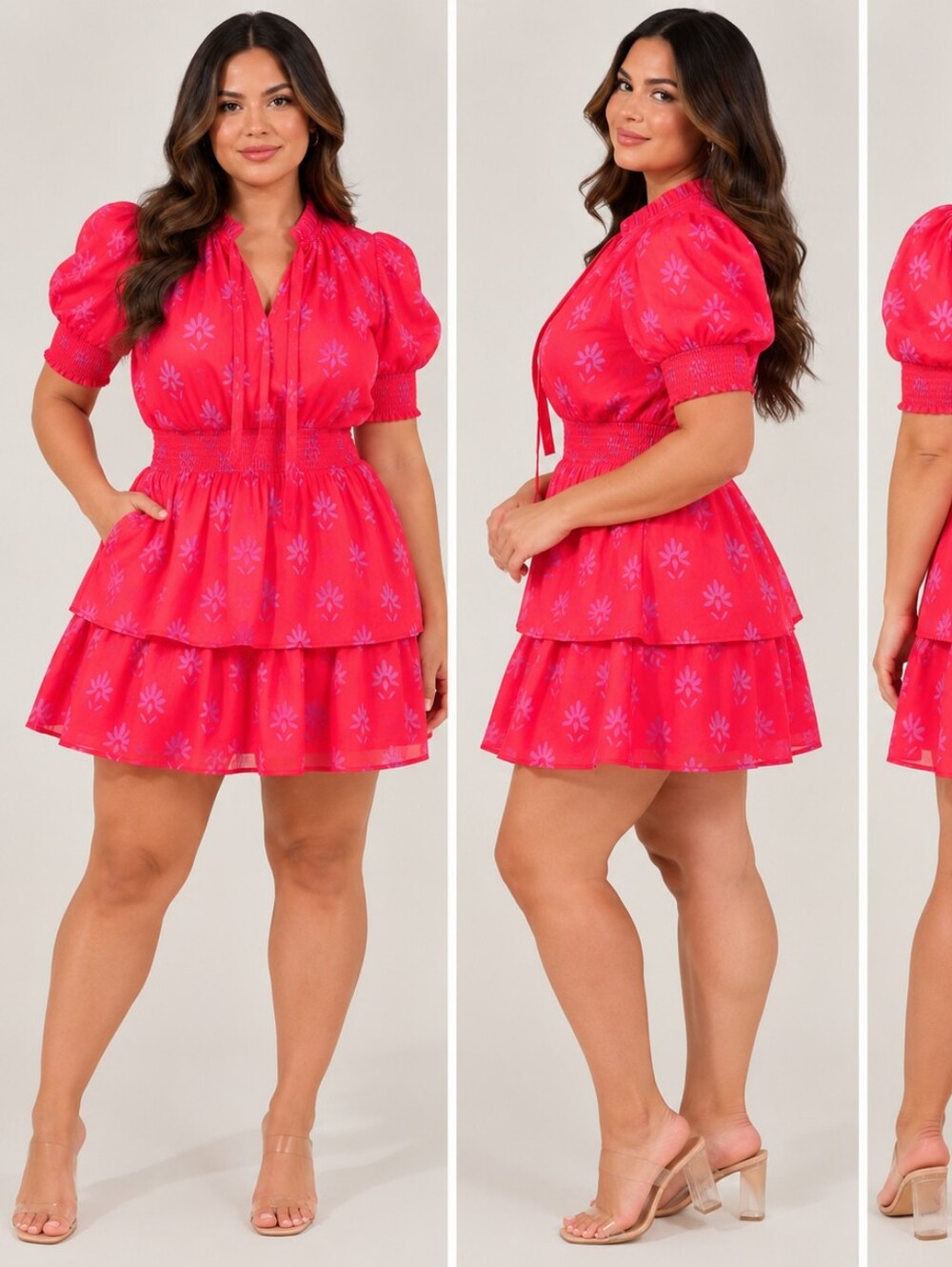 Sugarlips Vibrant Hot Pink Tiered Mini Dress with Puff Sleeves
